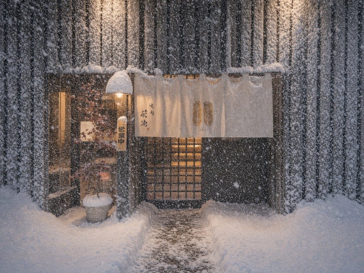 雪の日の焼肉菊池の店先